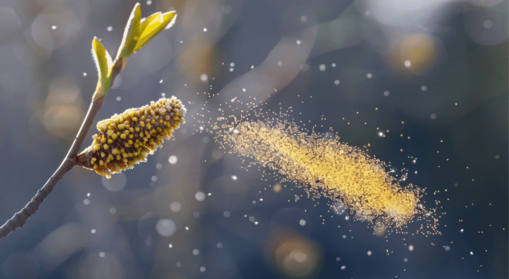 Close-up of pollen being released from a flowering catkin, representing changing pollen levels between seasons.