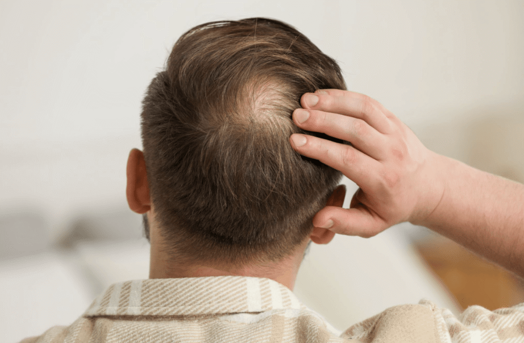 Rear view of a man touching a thinning area on the crown of his head, illustrating genetic hair loss.