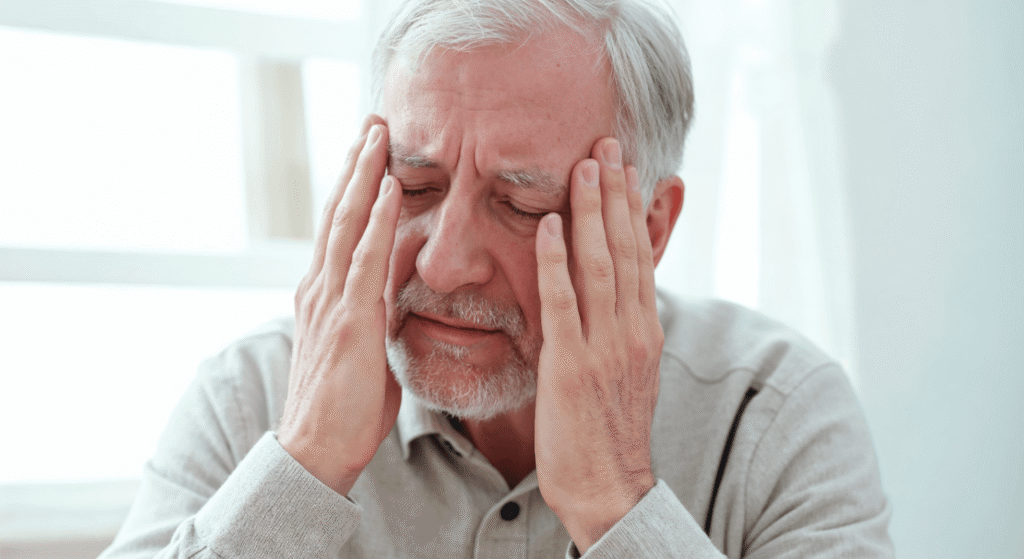 Older man holding his temples with eyes closed, illustrating migraine pain and the need for treatment such as naratriptan.