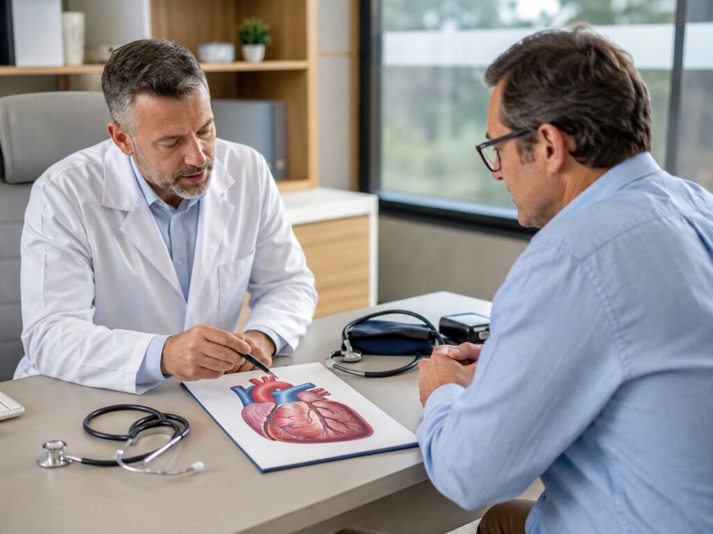 Doctor using a heart diagram to explain cardiovascular health to a male patient.