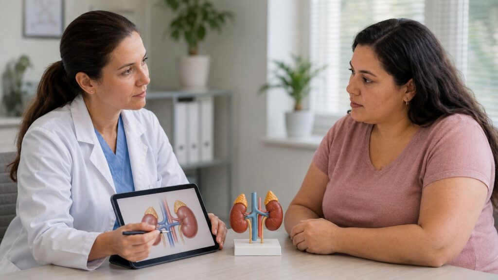 Doctor discussing the adrenal glands with a patient during a consultation about Cushing's syndrome and excess cortisol