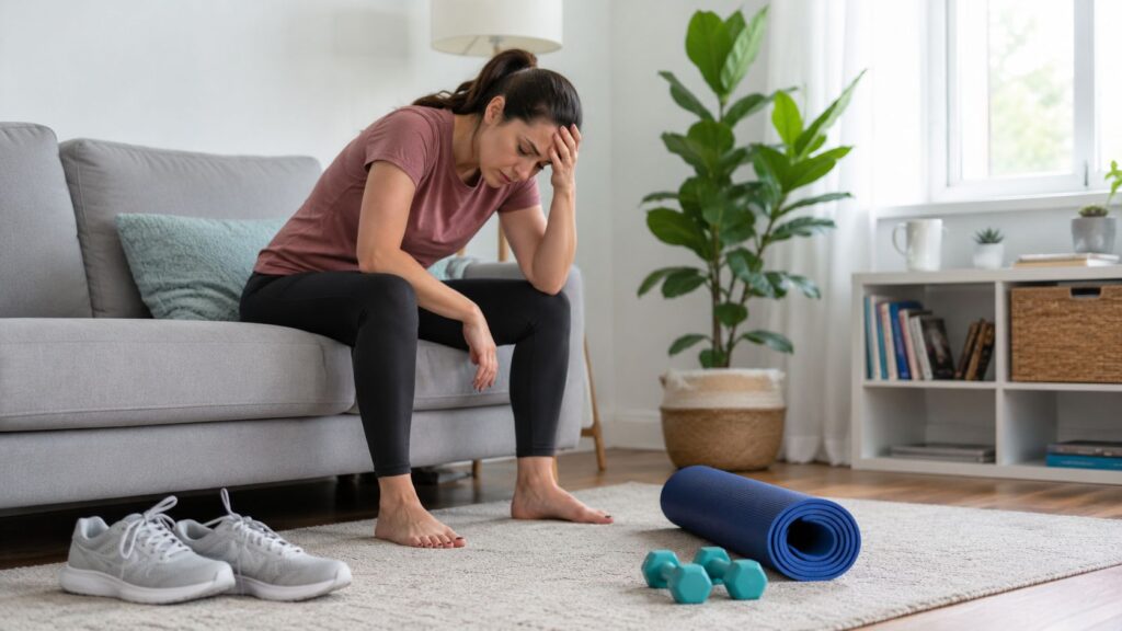 Fatigued woman sitting on a sofa beside home workout equipment