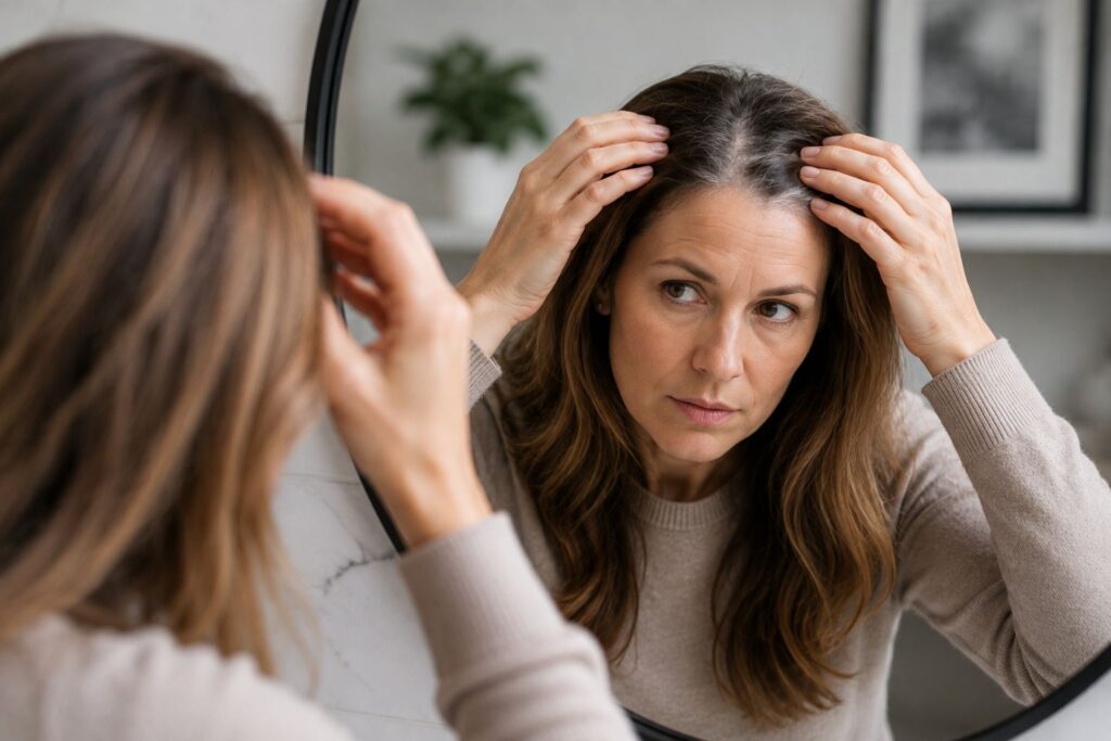 Woman checking visible thinning and changes in hair density along her parting.