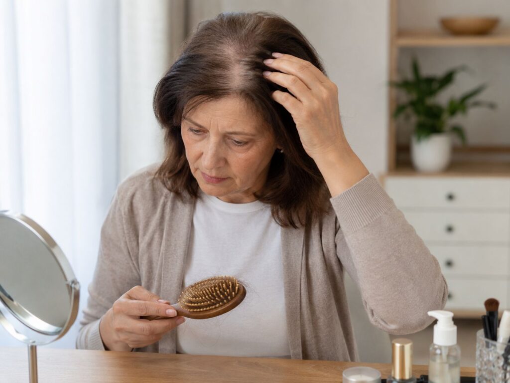 Older woman examining thinning hair and hair shedding while looking in the mirror.