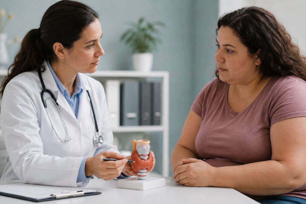 Doctor explaining a thyroid model to a patient during a consultation about hormonal conditions and weight gain