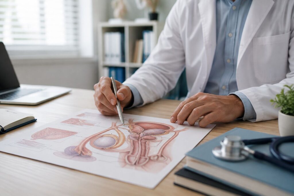 Doctor reviewing a male reproductive system diagram during a consultation about hormonal imbalance and low testosterone.