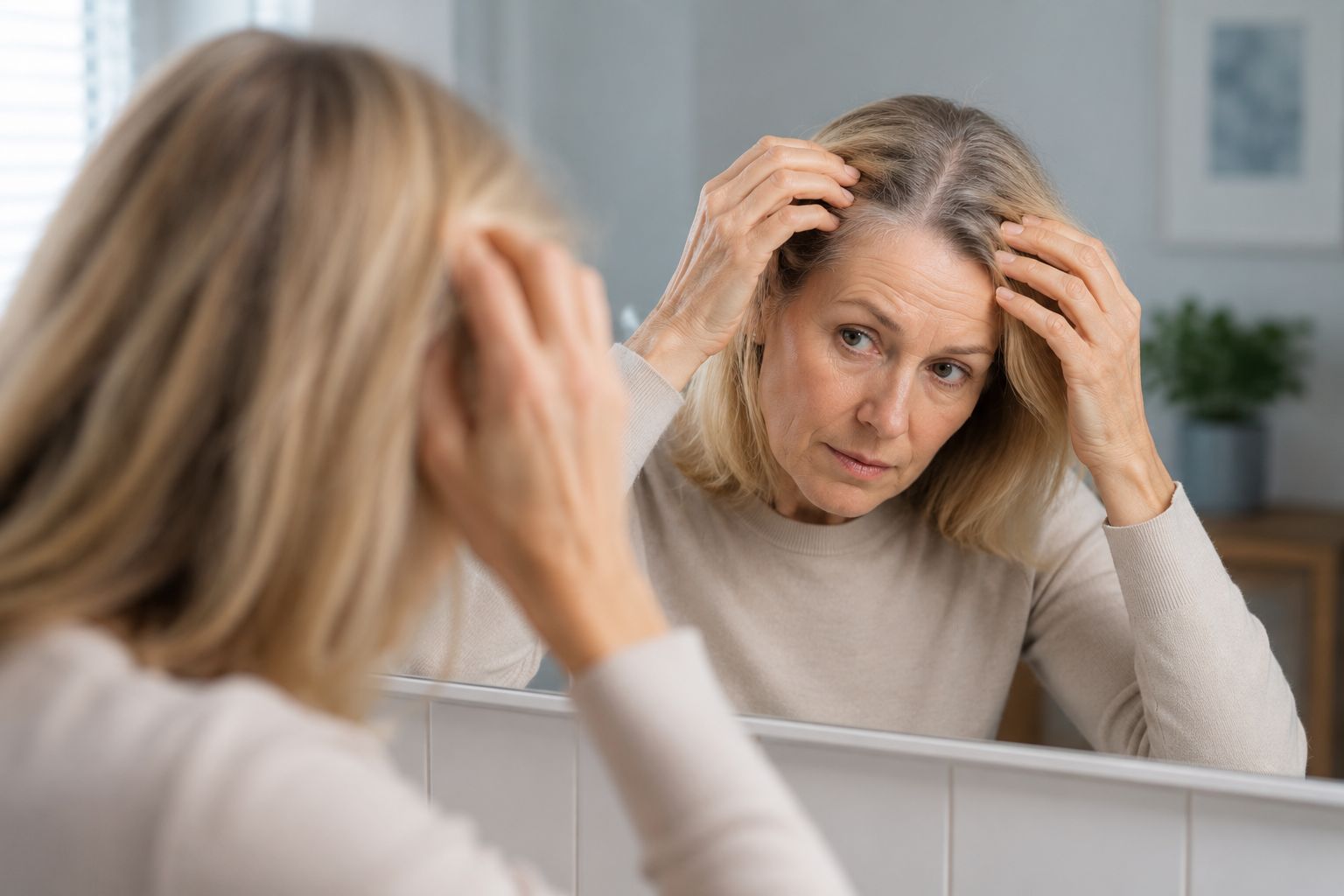 Middle-aged woman checking changes in her hair and scalp in the mirror.