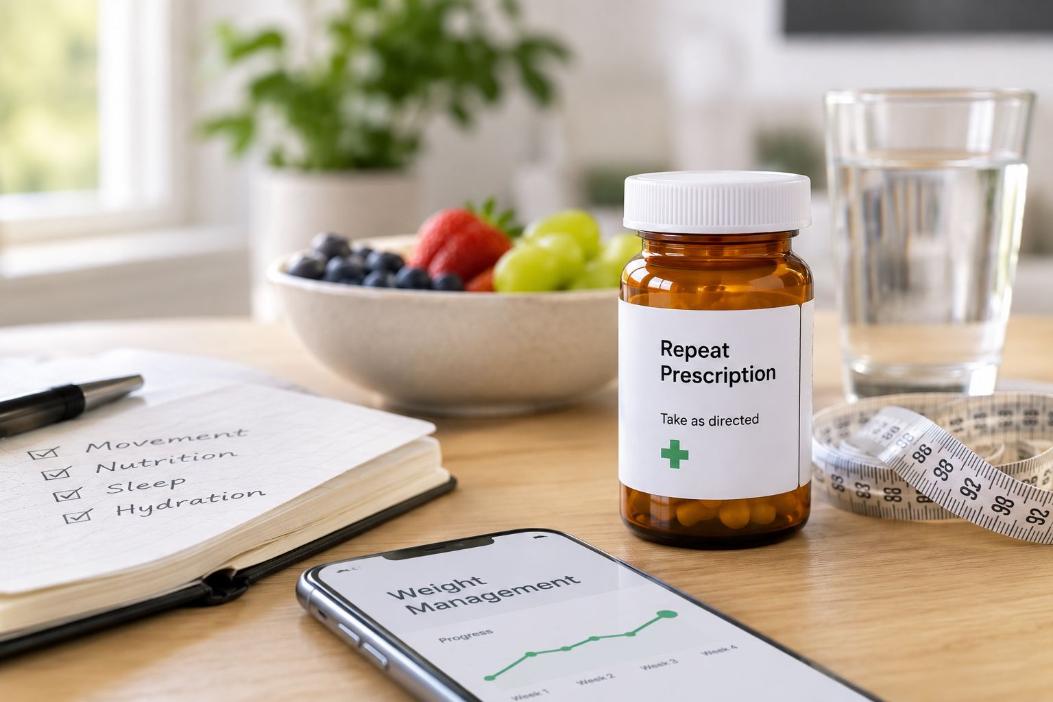 Repeat prescription medication beside healthy food, a measuring tape and weight management tracking tools.