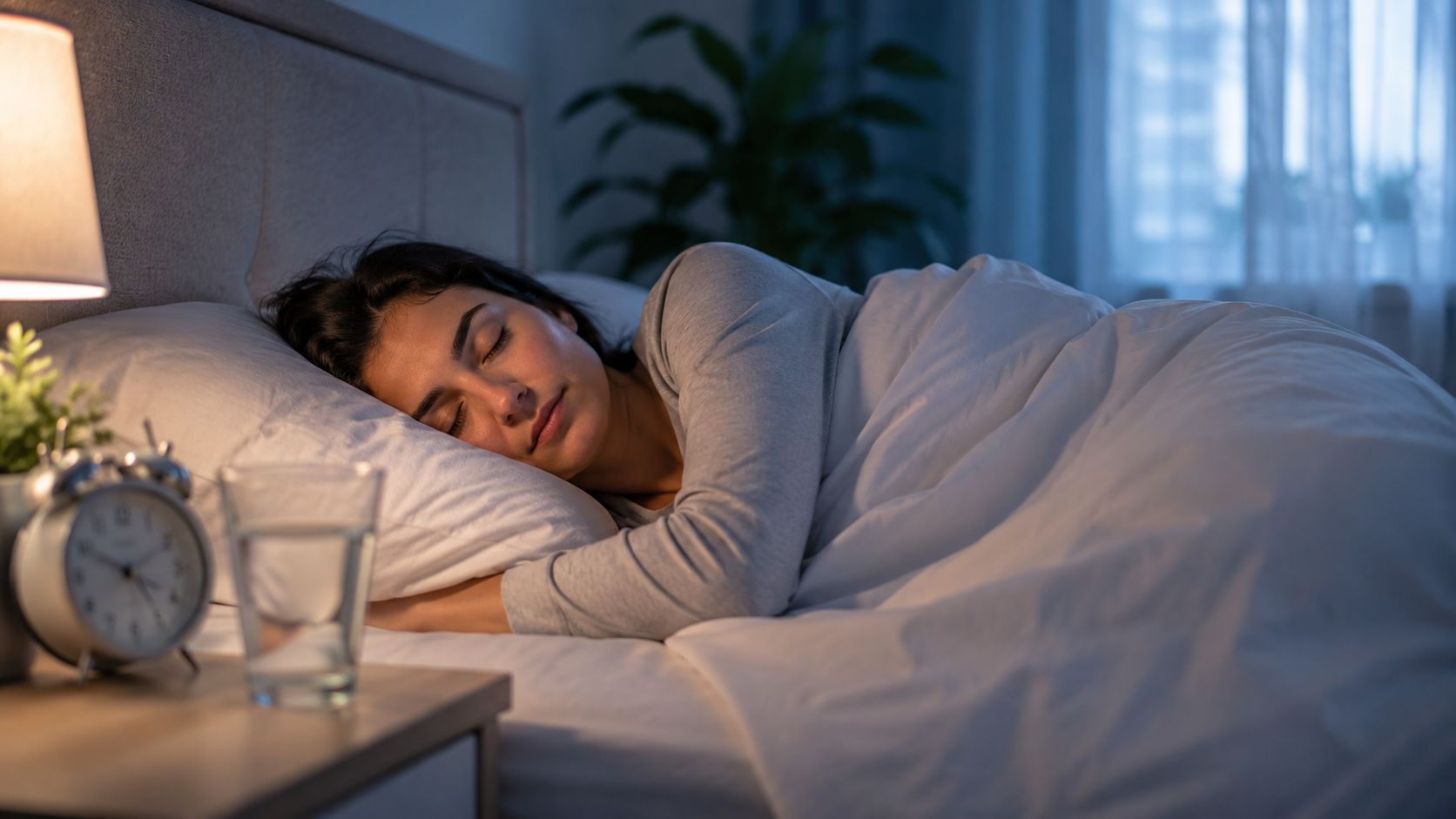 Woman sleeping peacefully in bed at night to support healthy sleep and weight management