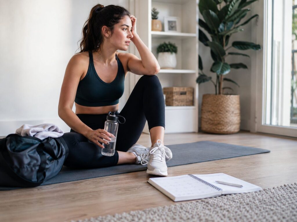 Woman resting after exercise with a calendar nearby while tracking her menstrual cycle.