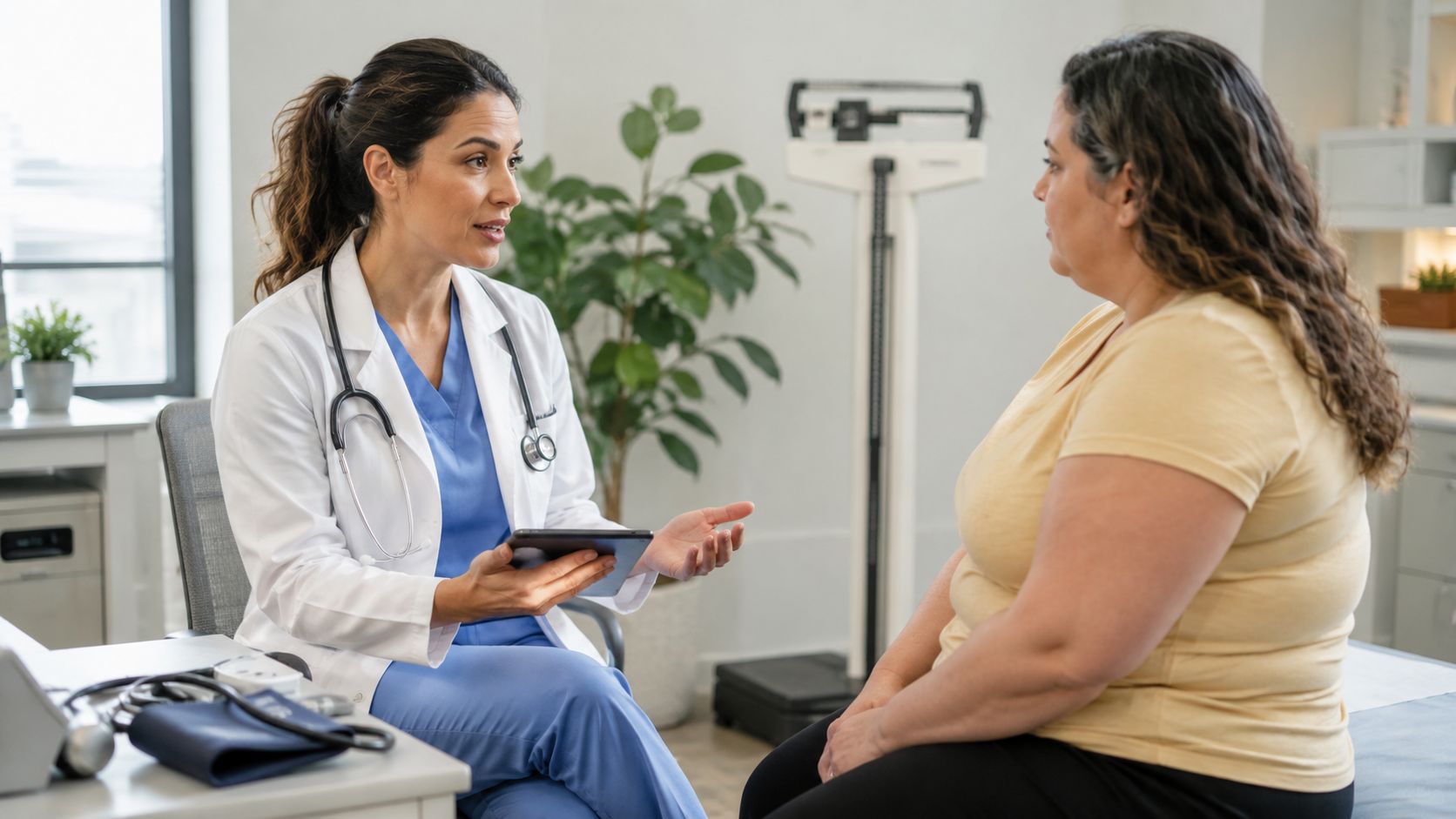 Doctor discussing possible medical causes of weight gain with a patient during a clinic appointment