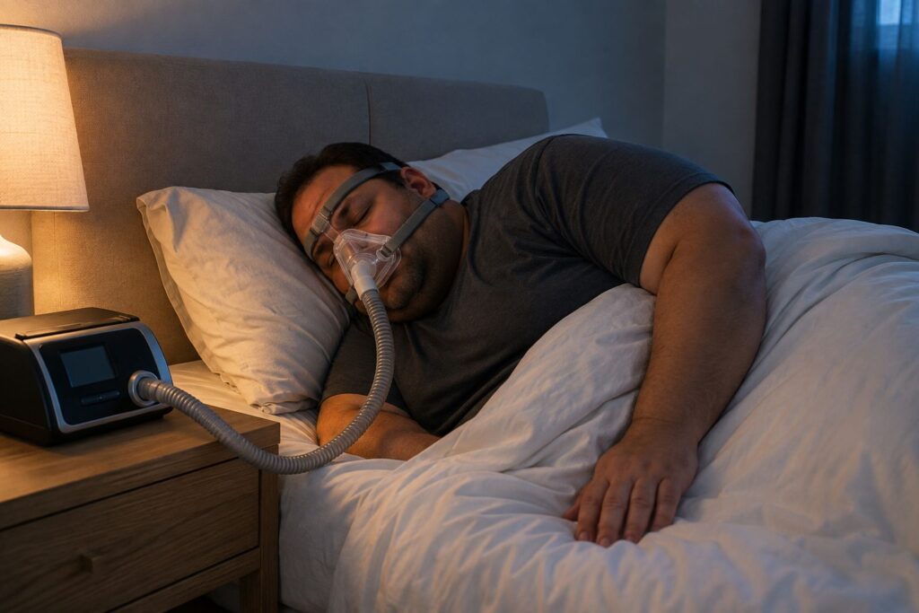 Man with obesity sleeping with a CPAP mask for obstructive sleep apnoea