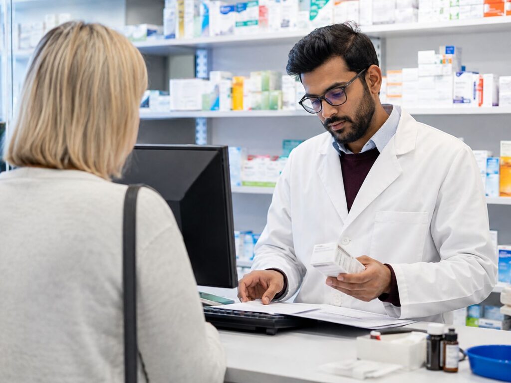Registered pharmacist standing behind the counter in a modern UK pharmacy.