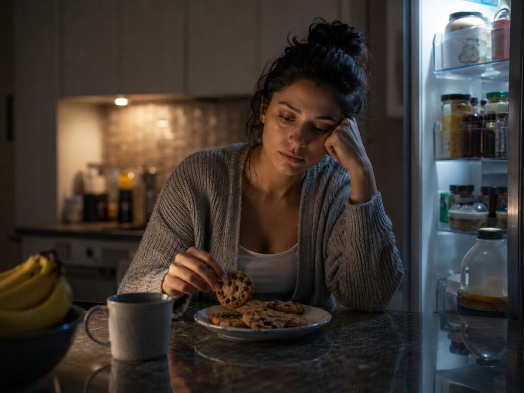 Tired woman reaching for a late-night snack after poor sleep