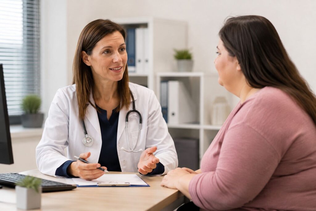 Doctor discussing weight management with an adult patient during a clinic appointment