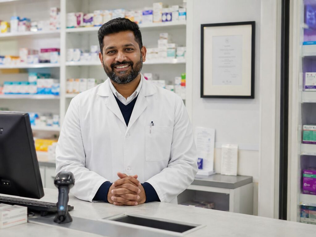 Registered pharmacist standing behind the counter in a modern UK pharmacy.