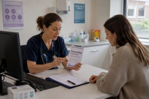 Healthcare professional discussing period delay treatment with a patient during a private consultation.