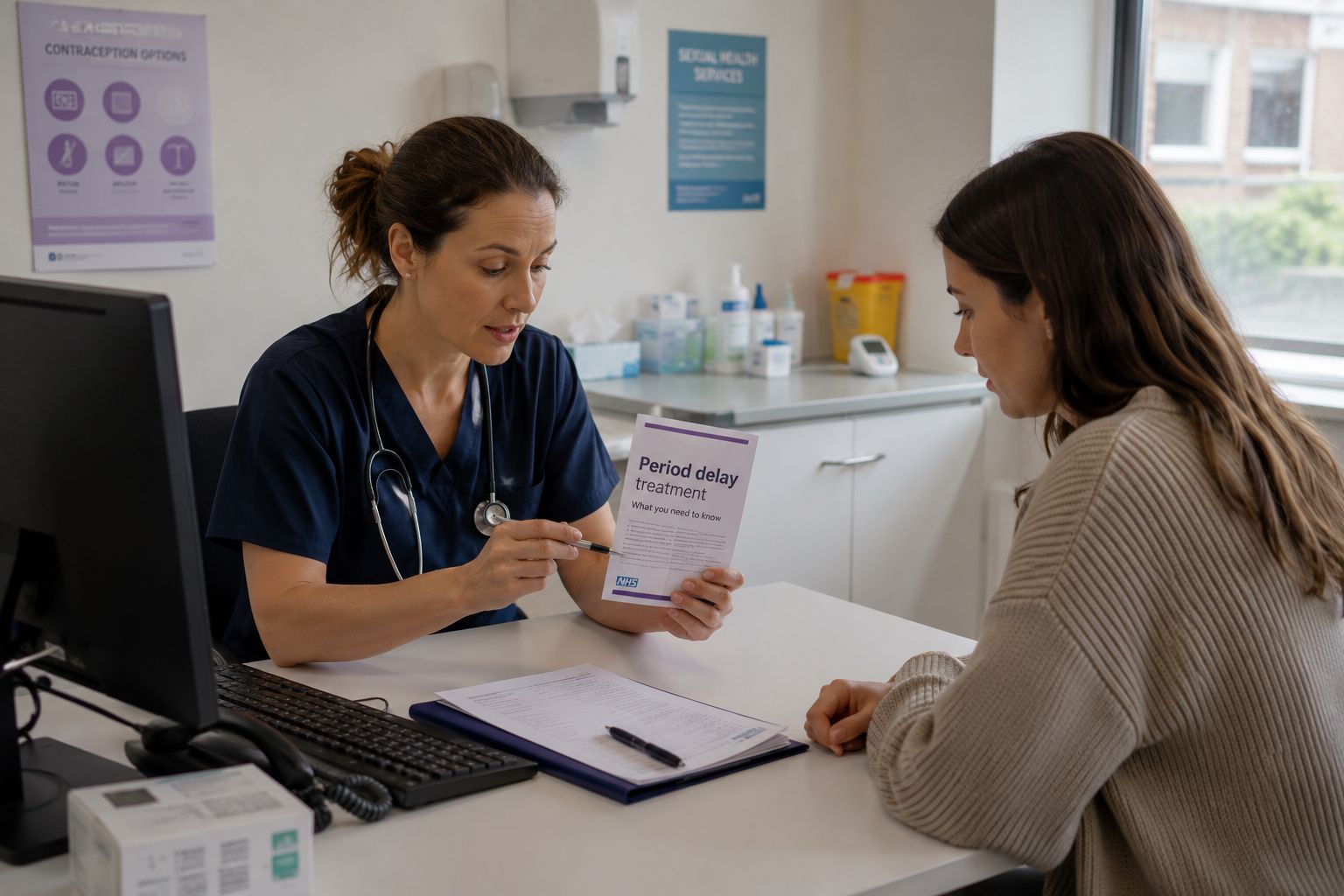 Healthcare professional discussing period delay treatment with a patient during a private consultation.
