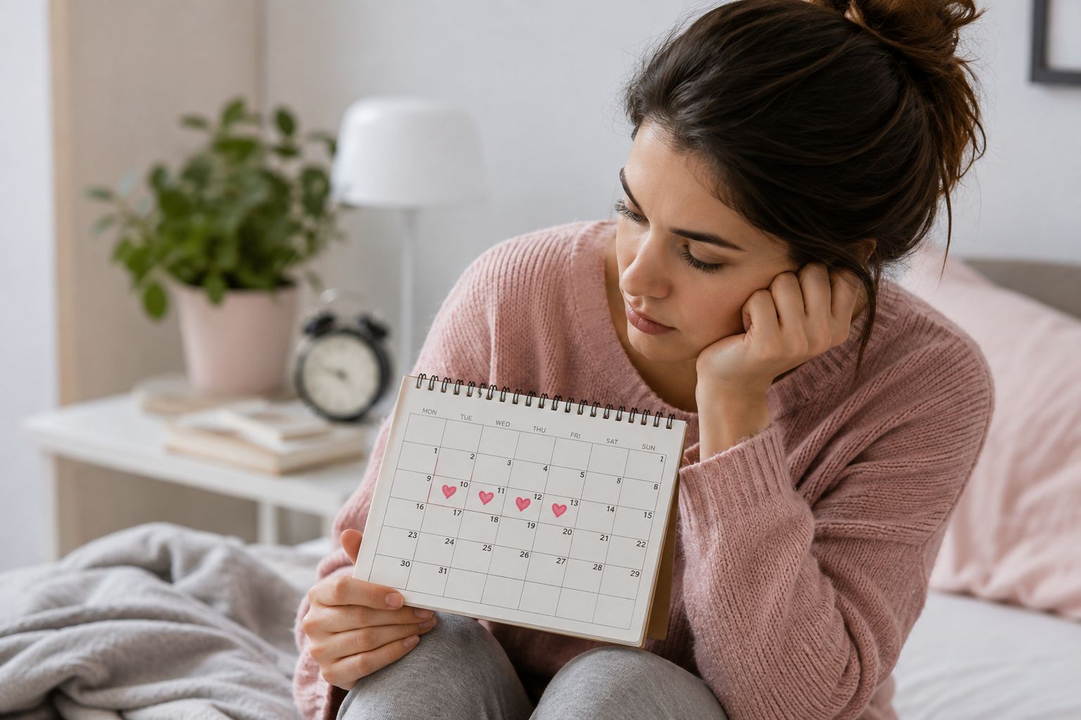 Woman checking a calendar while tracking changes in her menstrual cycle.