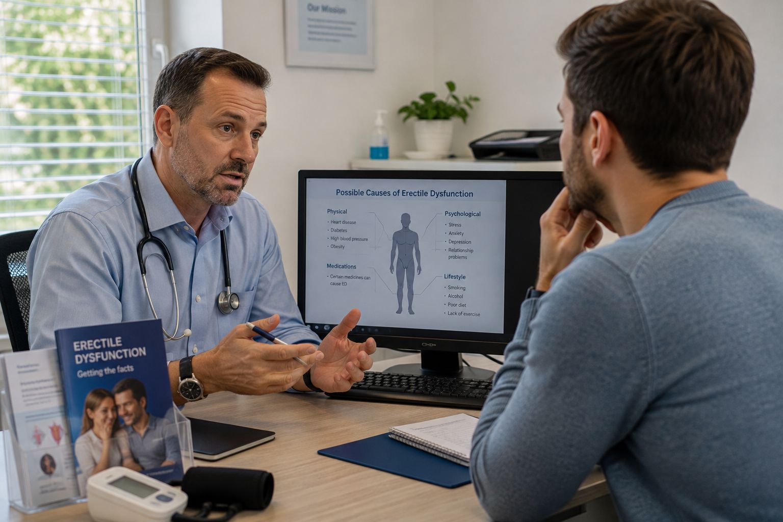 Doctor discussing possible causes of erectile dysfunction with a male patient during a consultation.