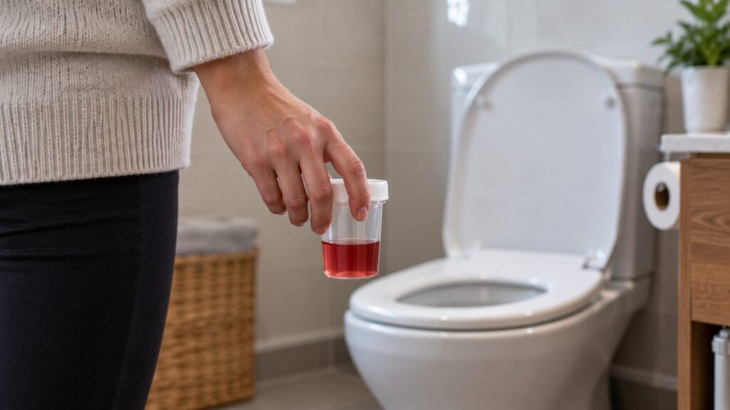 Person holding a urine sample showing visible blood during a UTI investigation.