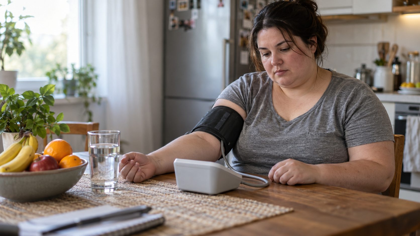 Woman with excess weight checking her blood pressure at home.