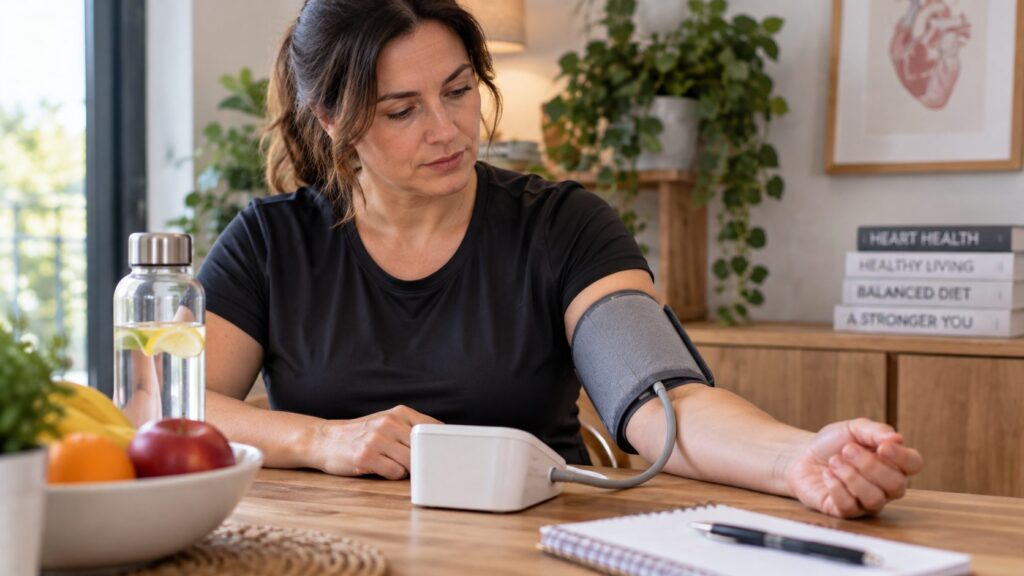 Woman using a home blood pressure monitor to check for high blood pressure.