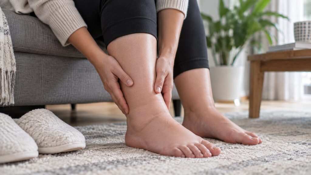 Woman touching a swollen ankle caused by fluid retention.