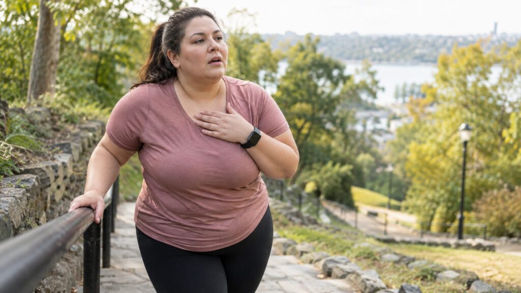 Woman with excess weight feeling short of breath while walking uphill.
