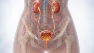Medical illustration showing the kidneys, ureters and bladder within the urinary tract.