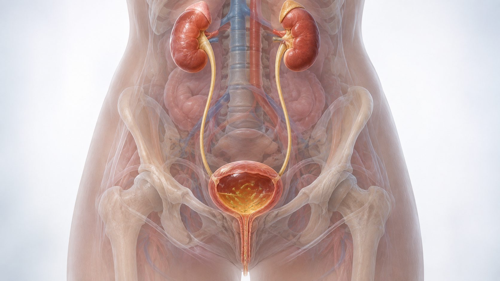 Medical illustration showing the kidneys, ureters and bladder within the urinary tract.