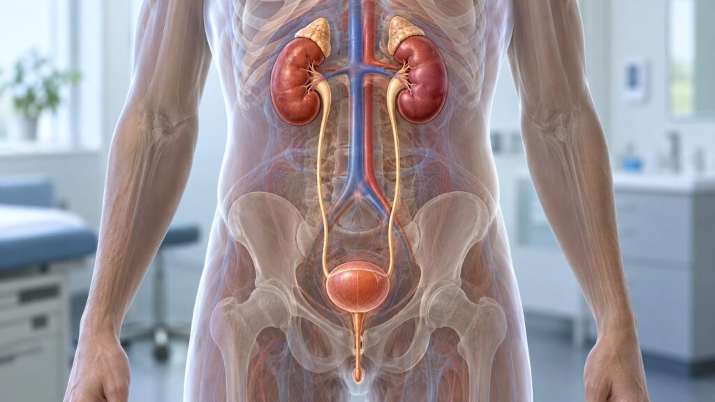 Anatomical illustration showing the location of the kidneys, ureters, bladder and urethra.