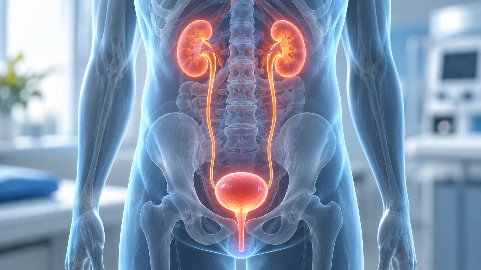 Medical illustration showing the kidneys, ureters and bladder affected by urinary tract infection.