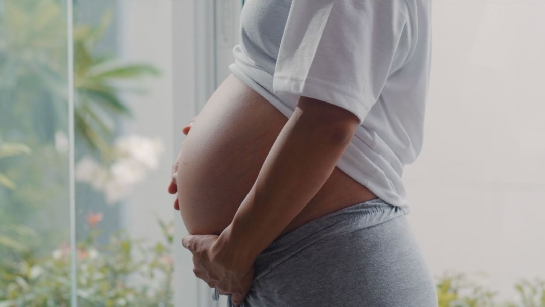 Pregnant woman holding her baby bump beside a window