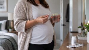 Woman holding prescription medication and a glass of water at home.