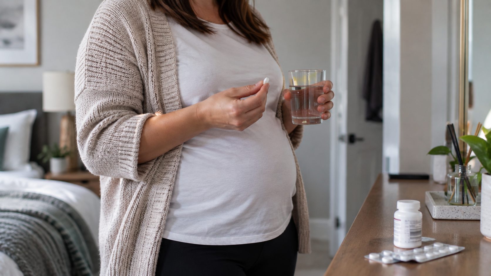 Woman holding prescription medication and a glass of water at home.