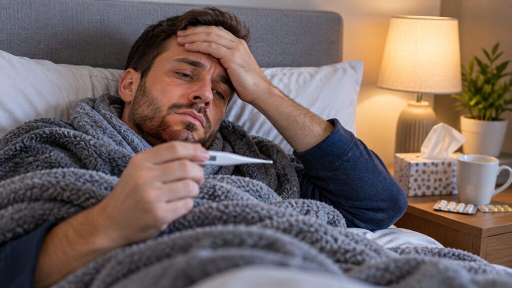Man resting in bed with a thermometer while experiencing fever and chills.