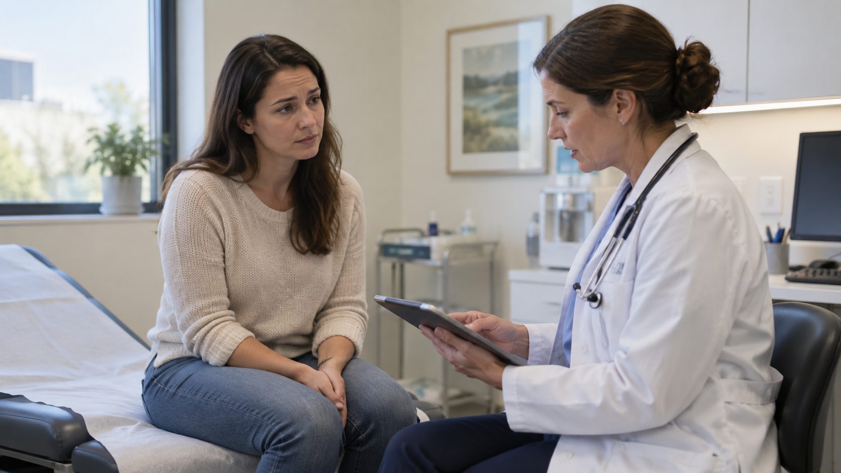 Woman discussing recurrent UTI symptoms with a doctor during a medical consultation.
