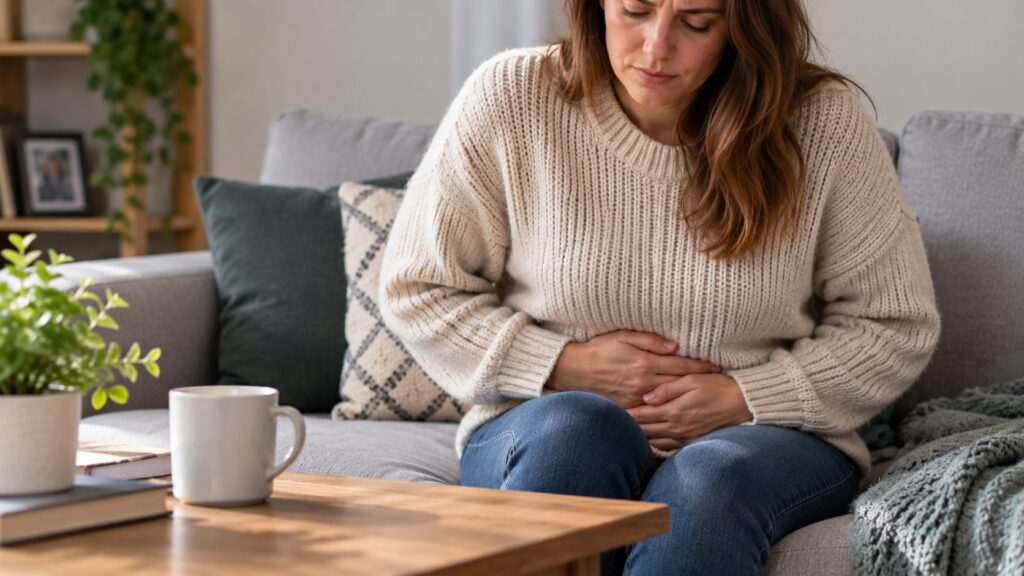 Woman sitting on a sofa holding her lower abdomen with discomfort from UTI symptoms.