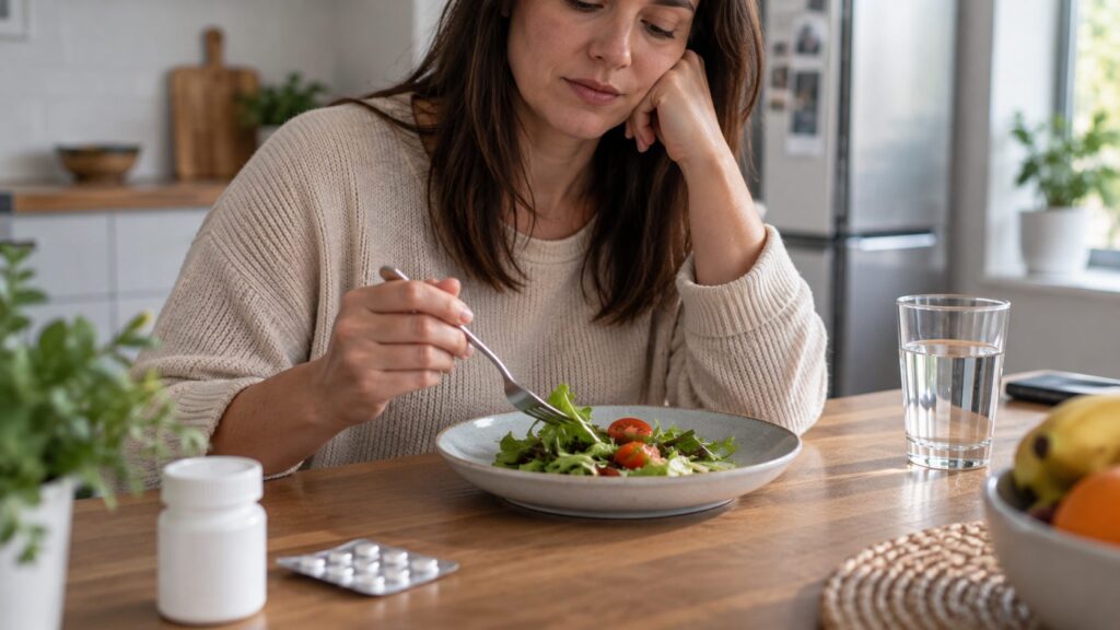 Woman sitting at a kitchen table with medication and a plate of food.