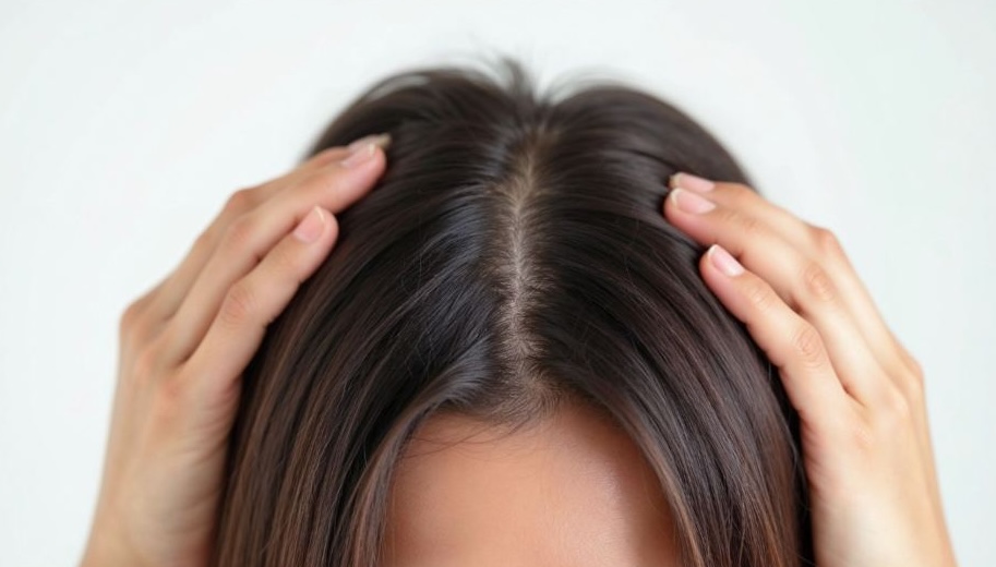 Woman parting her hair to show increased scalp visibility