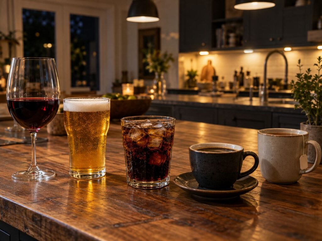 Glasses of red wine, beer and fizzy cola alongside cups of coffee and tea on a kitchen table at night.