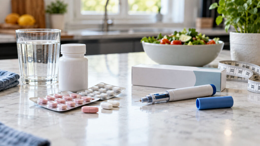 Oral weight loss tablets and an injection pen displayed together on a kitchen worktop beside a glass of water and healthy food.
