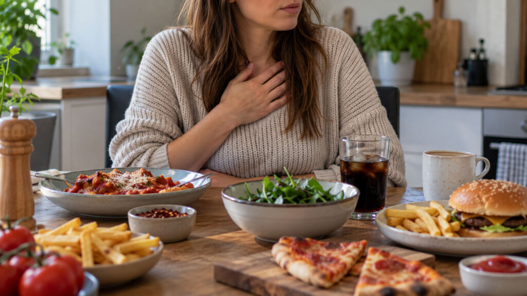 Selection of foods and drinks that may trigger acid reflux, including tomato-based pasta, pizza, fried foods, coffee and fizzy drinks.