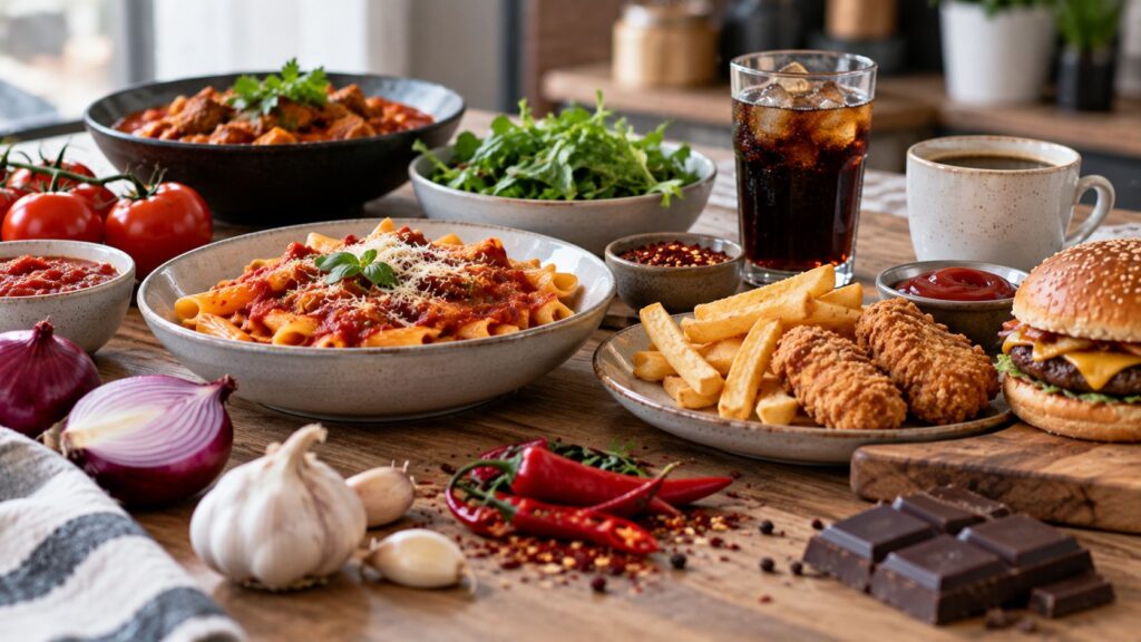 Selection of potential IBS trigger foods, including spicy curry, fried chicken, chips, onions, garlic, pasta and fizzy drinks.