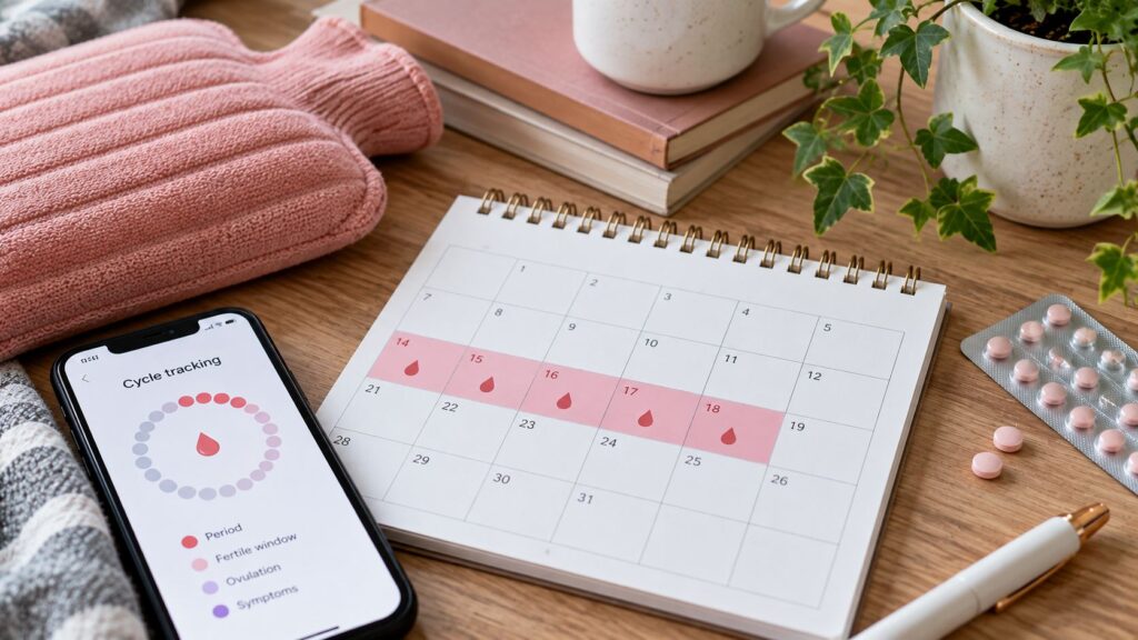 Menstrual cycle tracking calendar and mobile app beside a hot water bottle, showing how hormonal changes may relate to IBS symptoms.