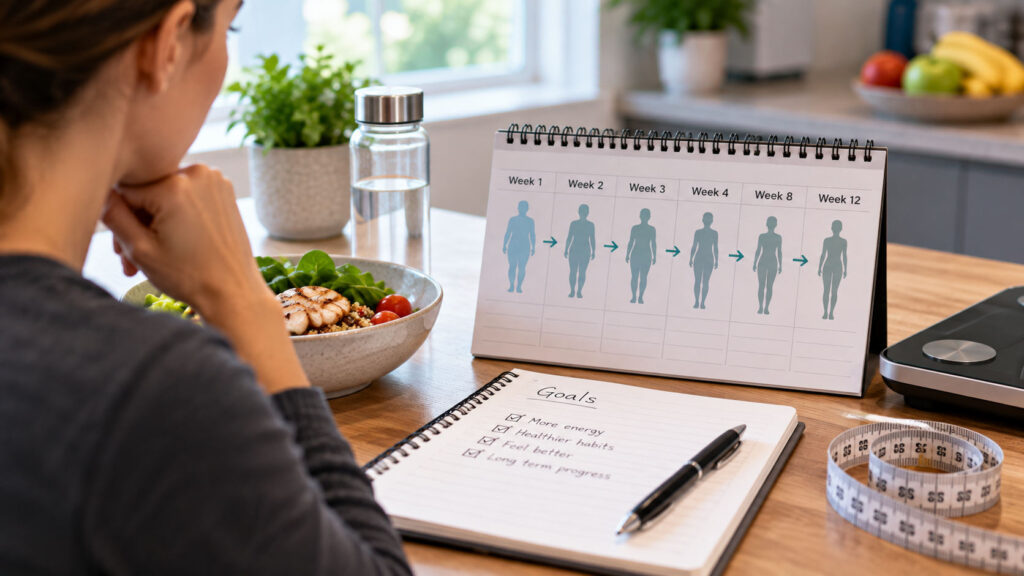 Woman reviewing a 12-week weight-management progress calendar beside a healthy meal, weighing scales and measuring tape.