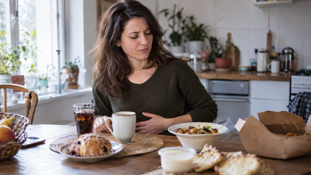 Woman sitting at a kitchen table holding her stomach, with food and drinks in front of her that may trigger IBS symptoms.