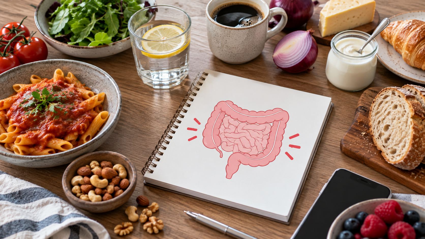 Notebook showing an illustration of the digestive system surrounded by foods and drinks that may trigger IBS flare-ups.