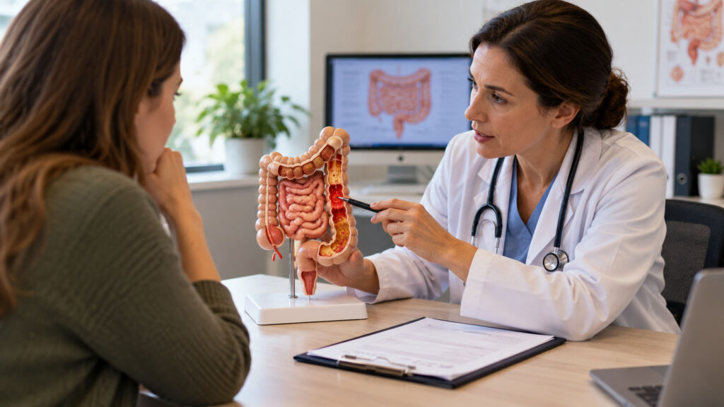 Doctor pointing to inflamed areas on a model of the intestines during a consultation about digestive conditions and potential complications.